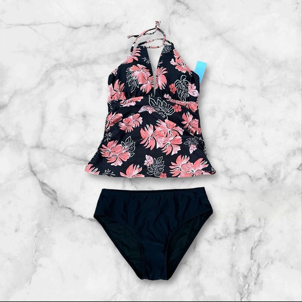 Yonique Tankini 2 Piece V-Neck Swimsuit Floral Black & Orange M(8-10) NWT